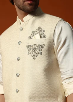 Cream Silk Kurta Jacket Set For men