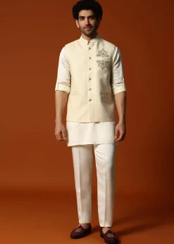 Cream Silk Kurta Jacket Set For men