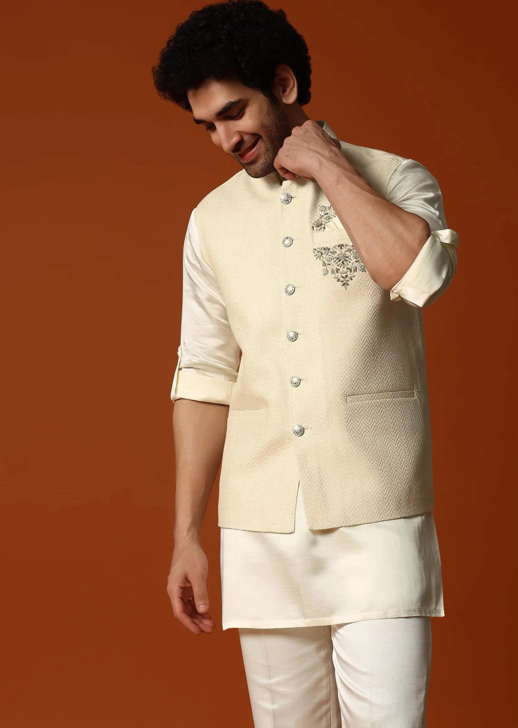 Cream Silk Kurta Jacket Set For men