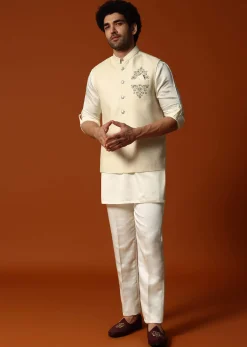 Cream Silk Kurta Jacket Set For men