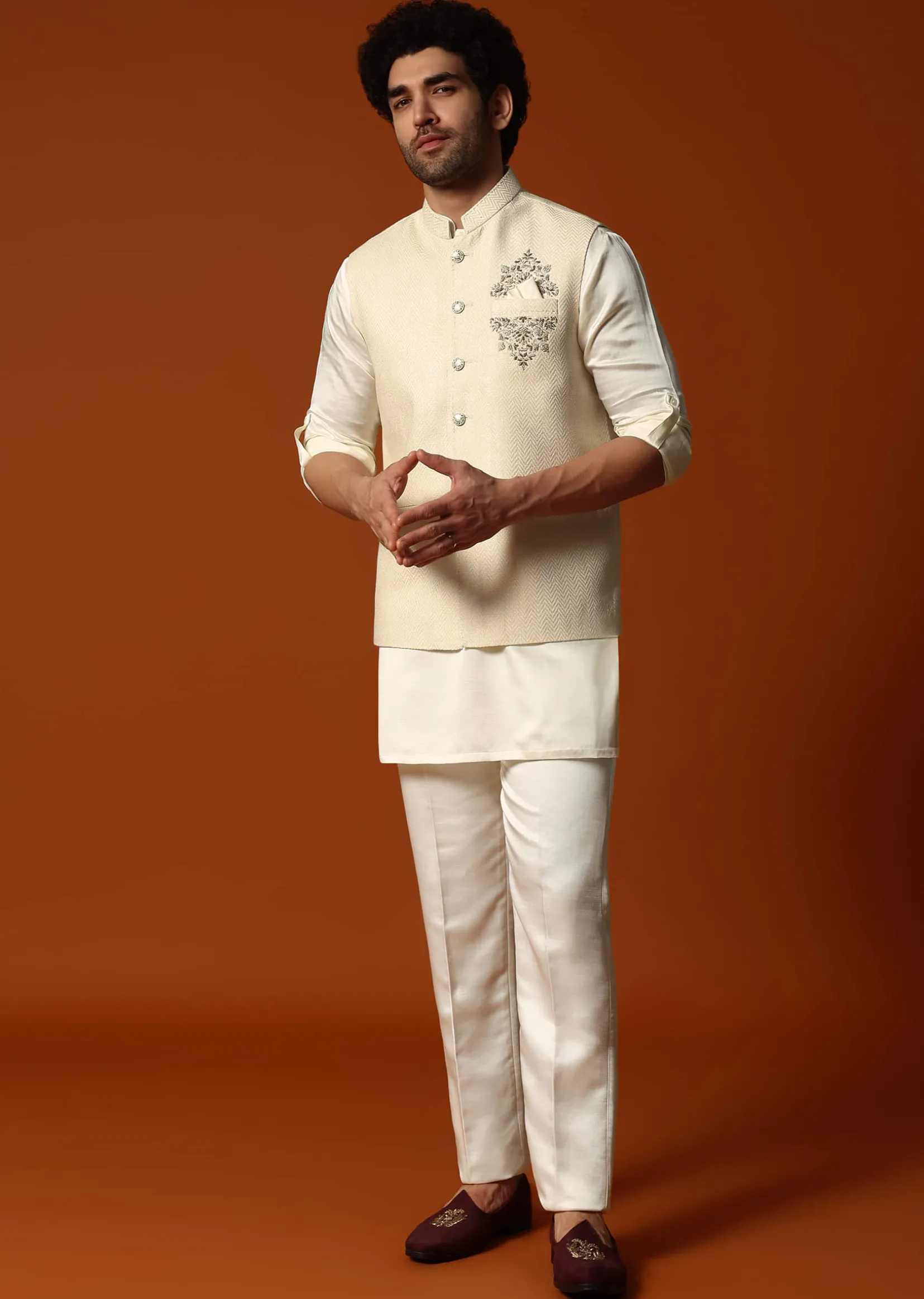 Cream Silk Kurta Jacket Set For men