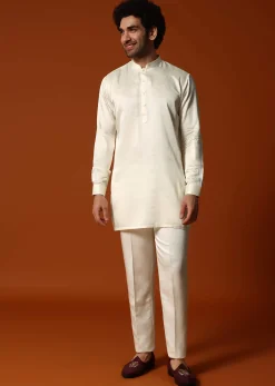 Cream Silk Kurta Jacket Set For men