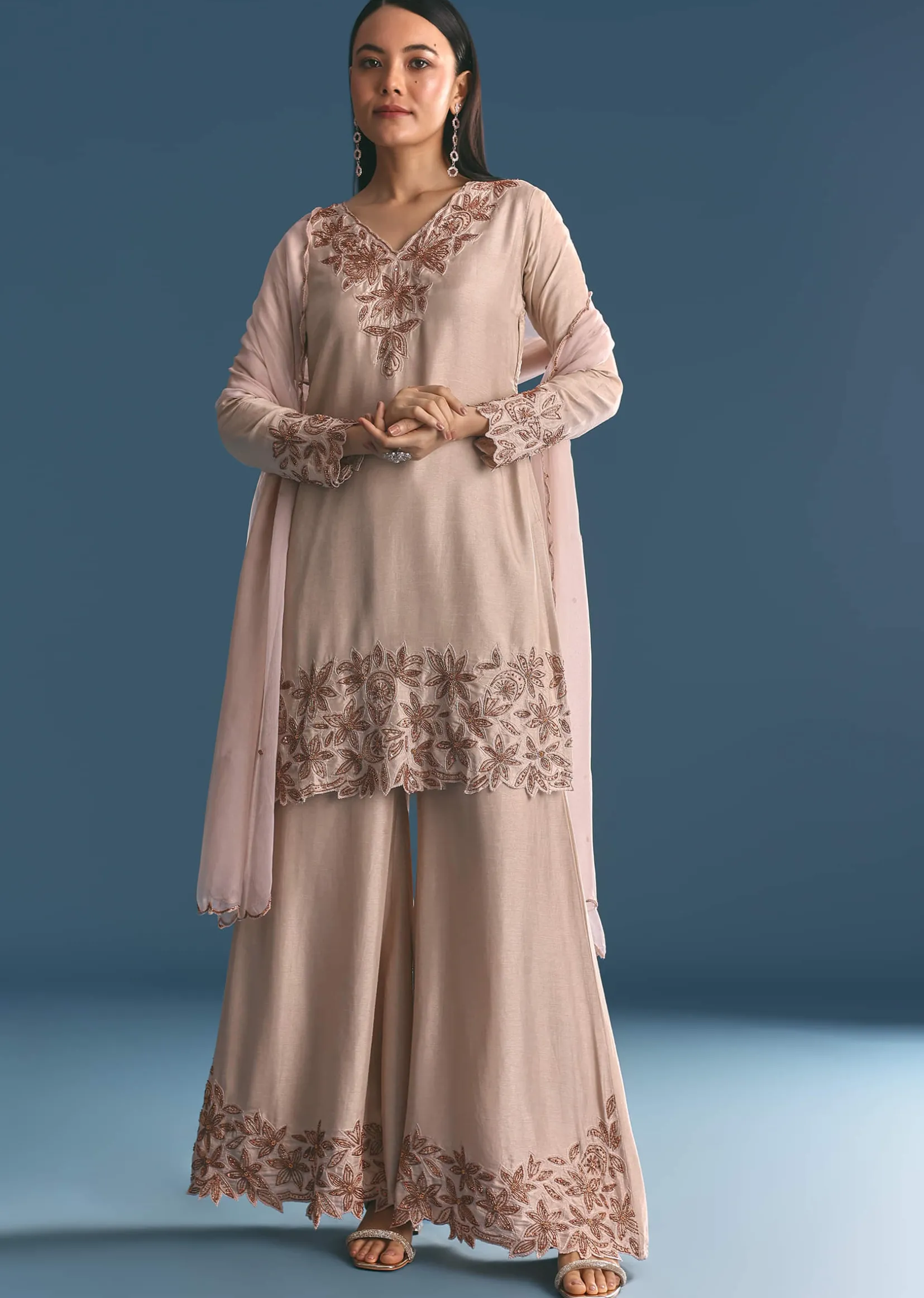 Cream Silk Kurta Palazzo Set With Cut Dana Work