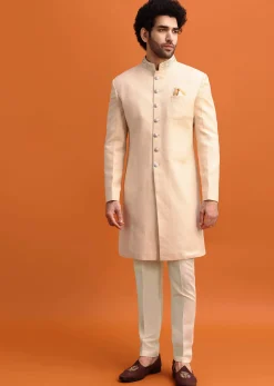 Cream Silk Nawabi With Self Work For Men