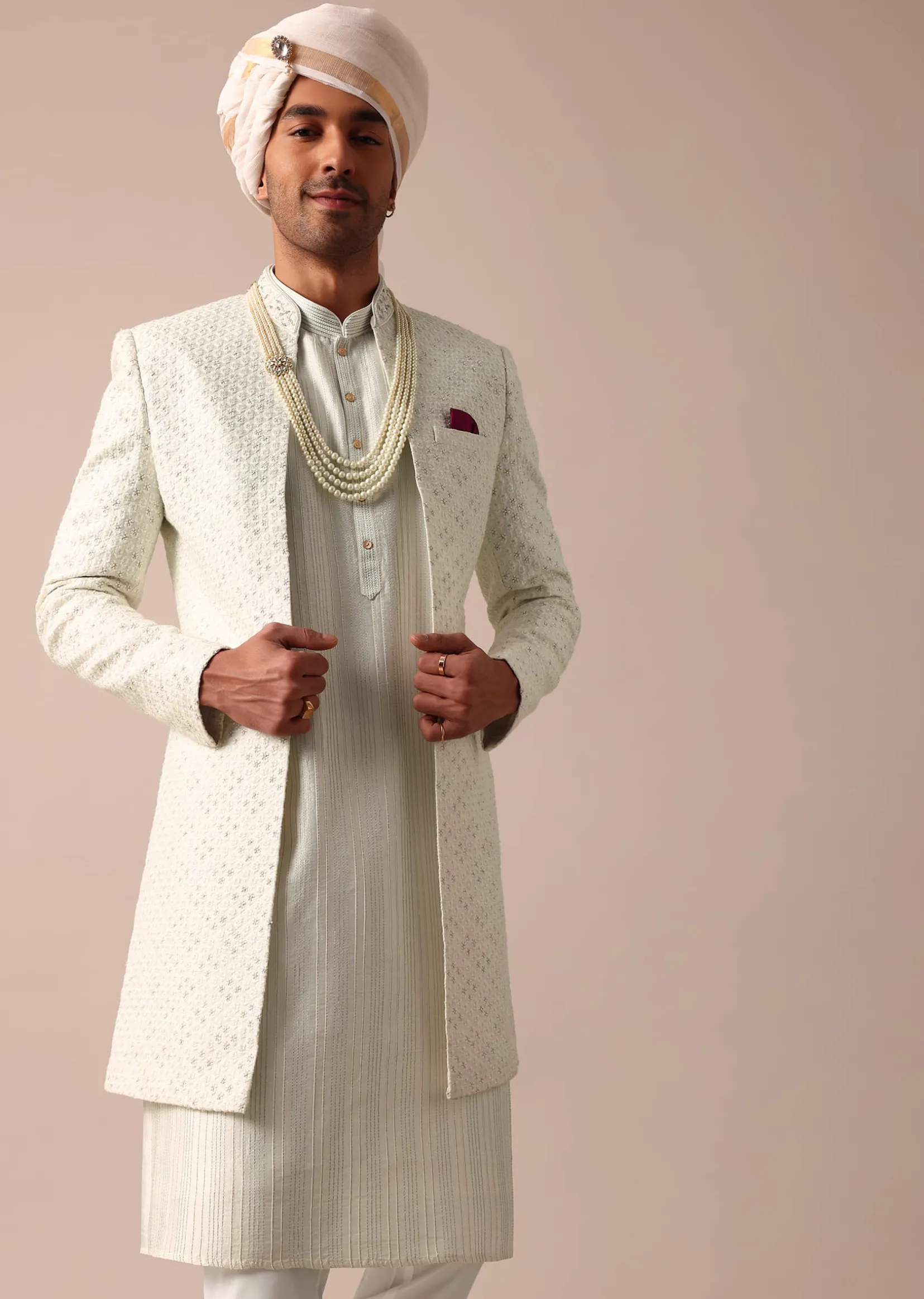 Cream Silk Sherwani Set With Intricate Embroidery
