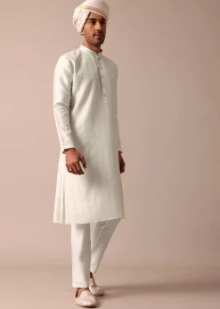 Cream Silk Sherwani Set With Intricate Embroidery