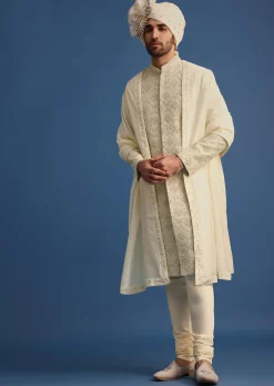 Cream Silk Sherwani Suit With Hand Work