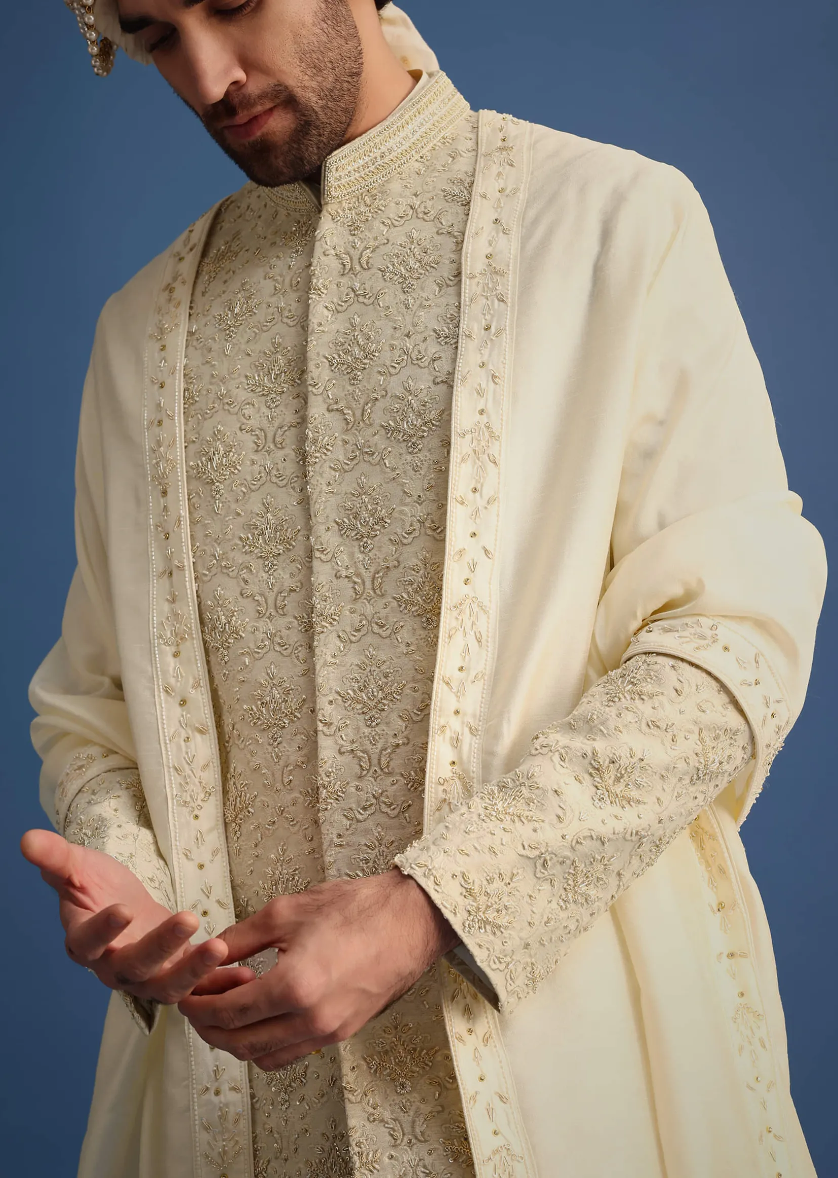 Cream Silk Sherwani Suit With Hand Work