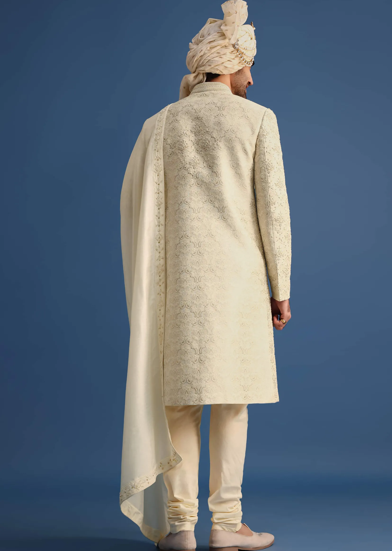 Cream Silk Sherwani Suit With Hand Work