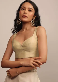Cream Sleeveless Blouse With Sweetheart Neckline In Raw Silk