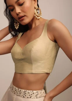Cream Sleeveless Blouse With Sweetheart Neckline In Raw Silk