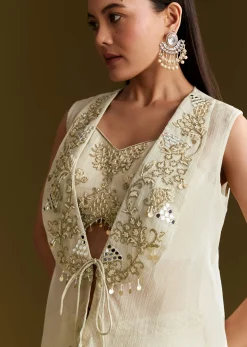Cream Tissue Croptop Set With Zardosi Moti Jacket And Embroidered Palazzo