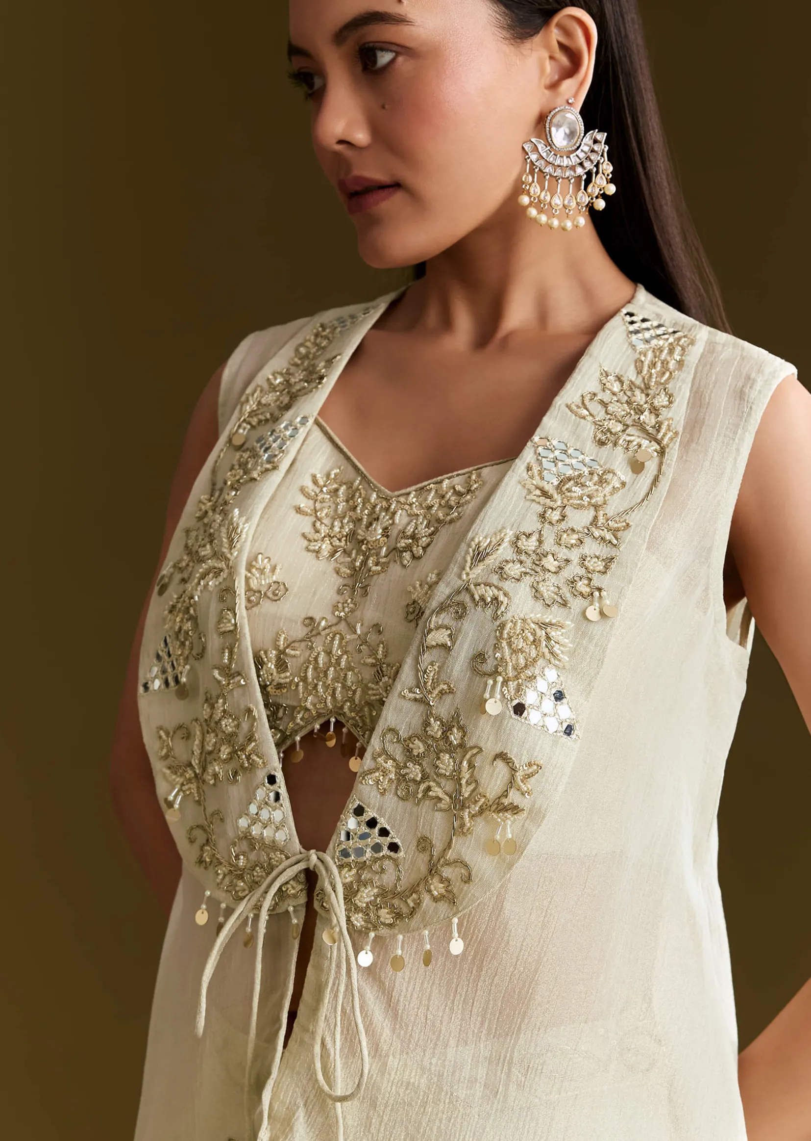 Cream Tissue Croptop Set With Zardosi Moti Jacket And Embroidered Palazzo