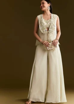 Cream Tissue Croptop Set With Zardosi Moti Jacket And Embroidered Palazzo