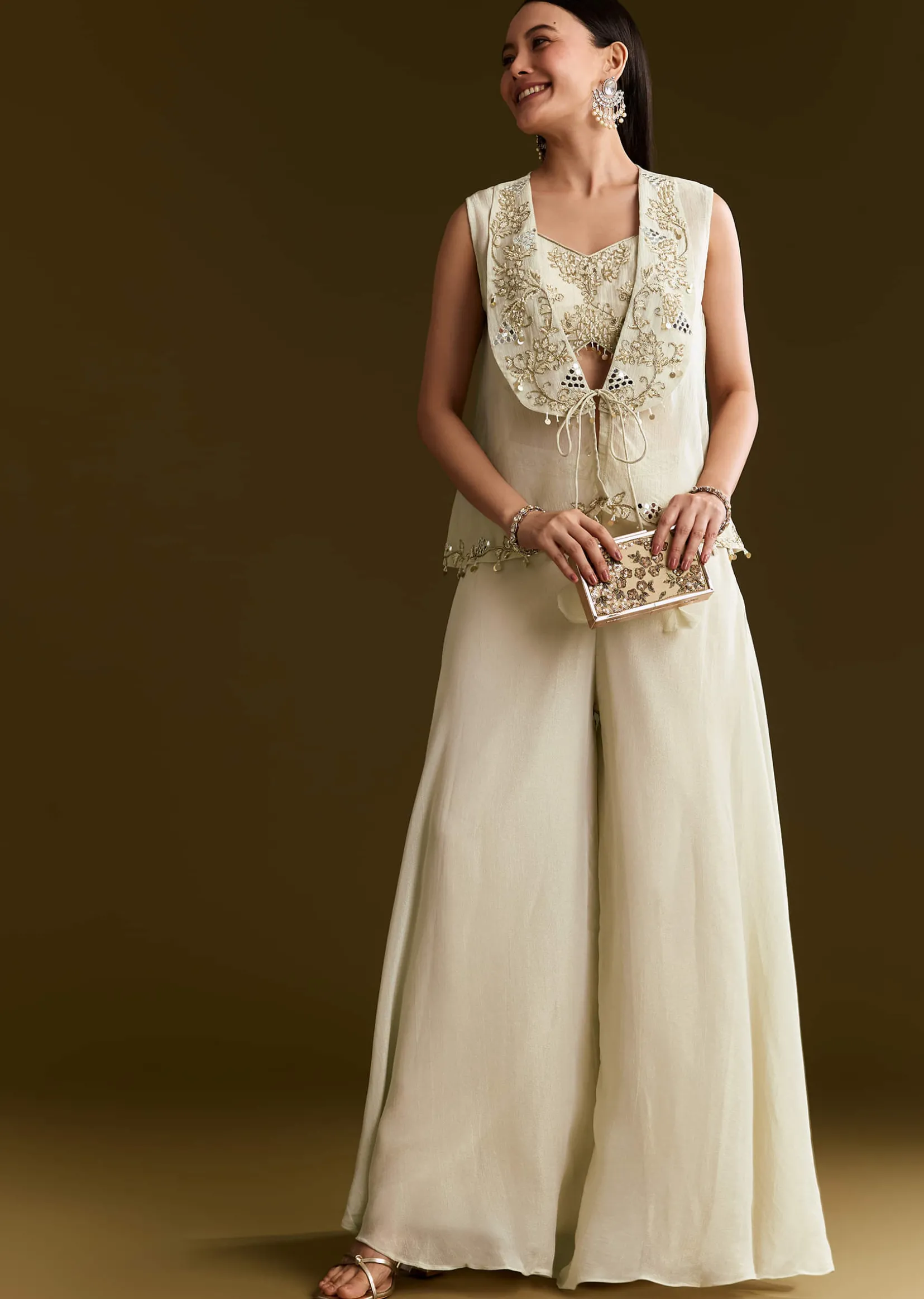 Cream Tissue Croptop Set With Zardosi Moti Jacket And Embroidered Palazzo