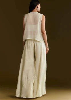 Cream Tissue Croptop Set With Zardosi Moti Jacket And Embroidered Palazzo