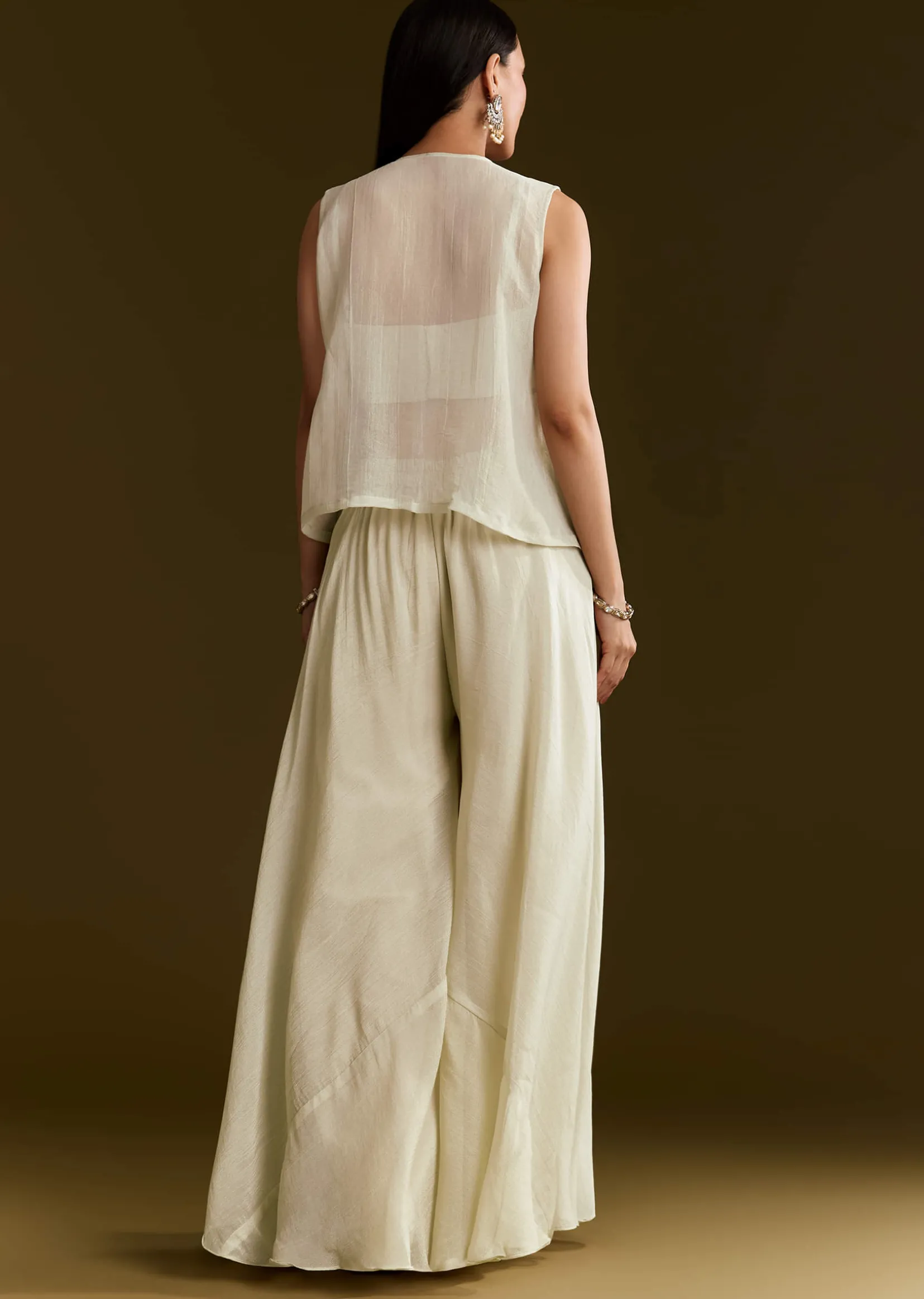Cream Tissue Croptop Set With Zardosi Moti Jacket And Embroidered Palazzo