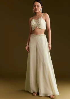 Cream Tissue Croptop Set With Zardosi Moti Jacket And Embroidered Palazzo