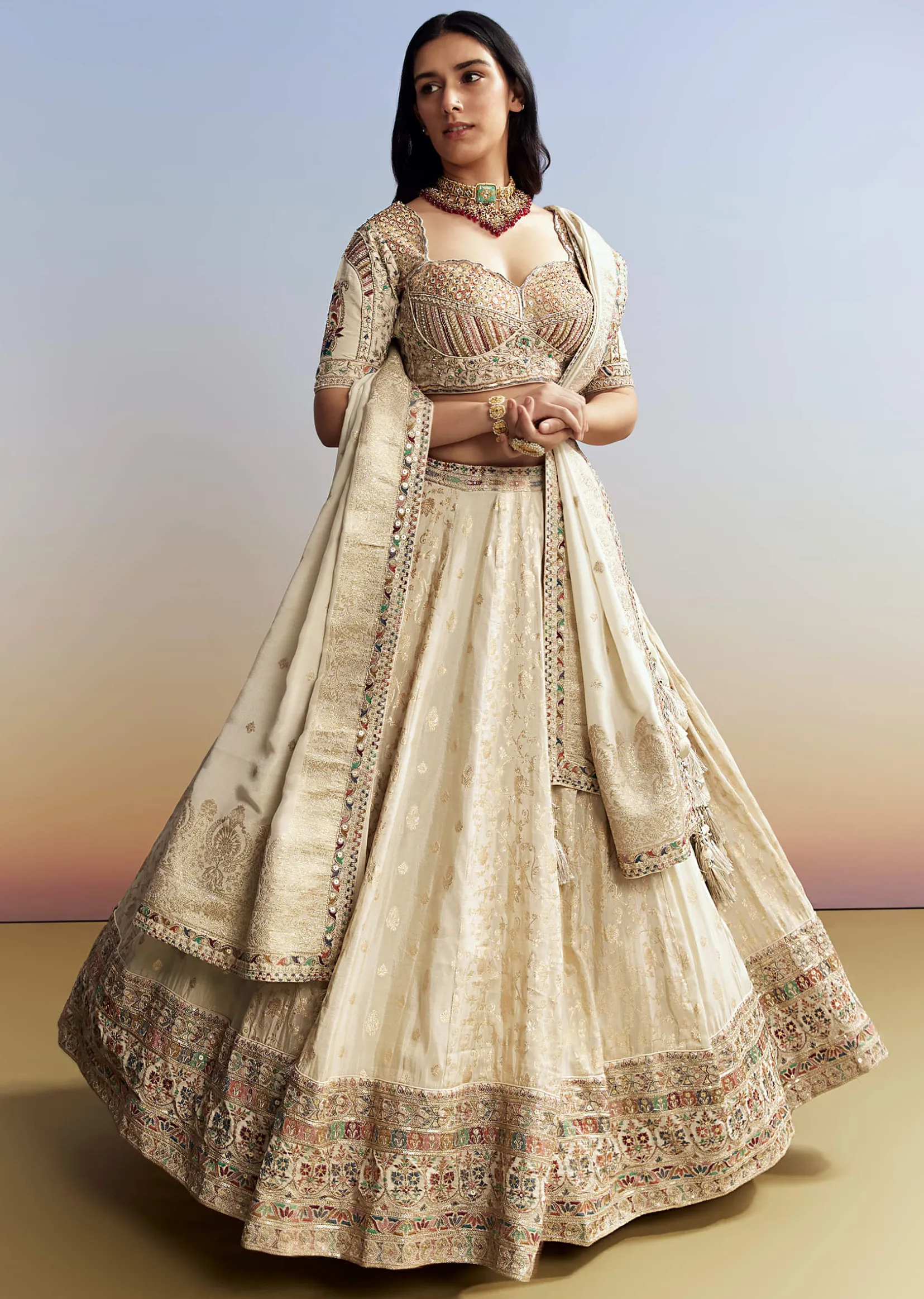 Cream Tissue Embroidered Bridesmaid Lehenga