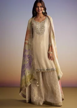 Cream Tissue Palazzo Suit With Mirror And Moti Embroidery And Dupatta