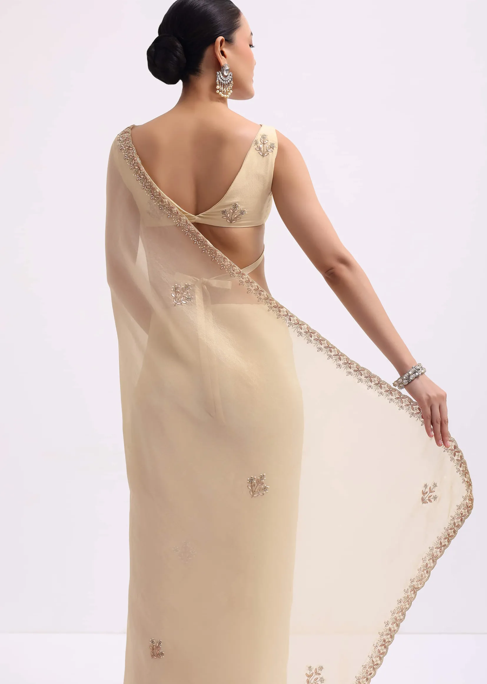 Cream Tissue Saree With Gotta Work And Unstitched Blouse