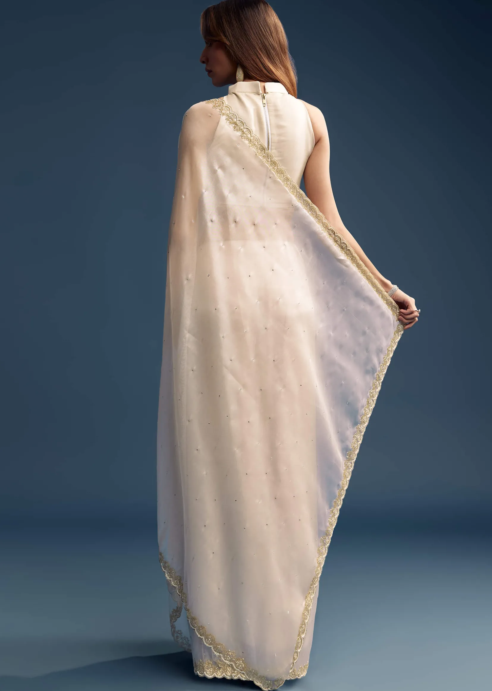 Cream Tissue Saree With Stone And Beaded Embroidery