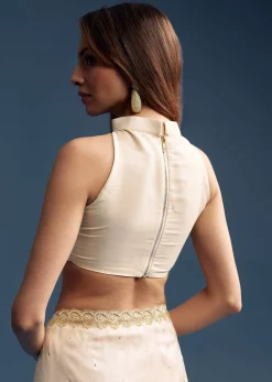 Cream Tissue Saree With Stone And Beaded Embroidery