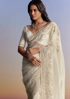 Cream Tissue Saree With Sequins Floral Embroidery