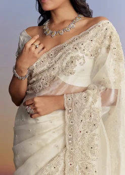 Cream Tissue Saree With Sequins Floral Embroidery