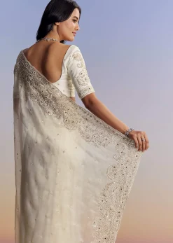 Cream Tissue Saree With Sequins Floral Embroidery