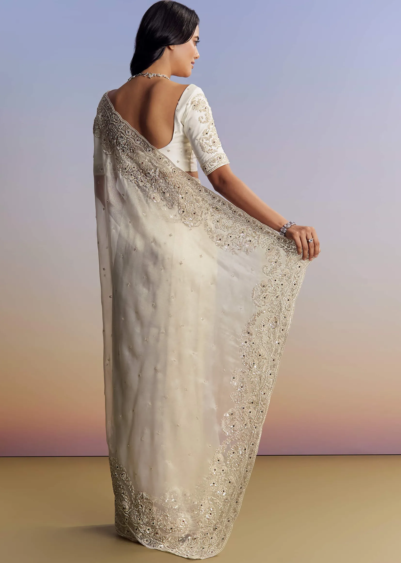 Cream Tissue Saree With Sequins Floral Embroidery