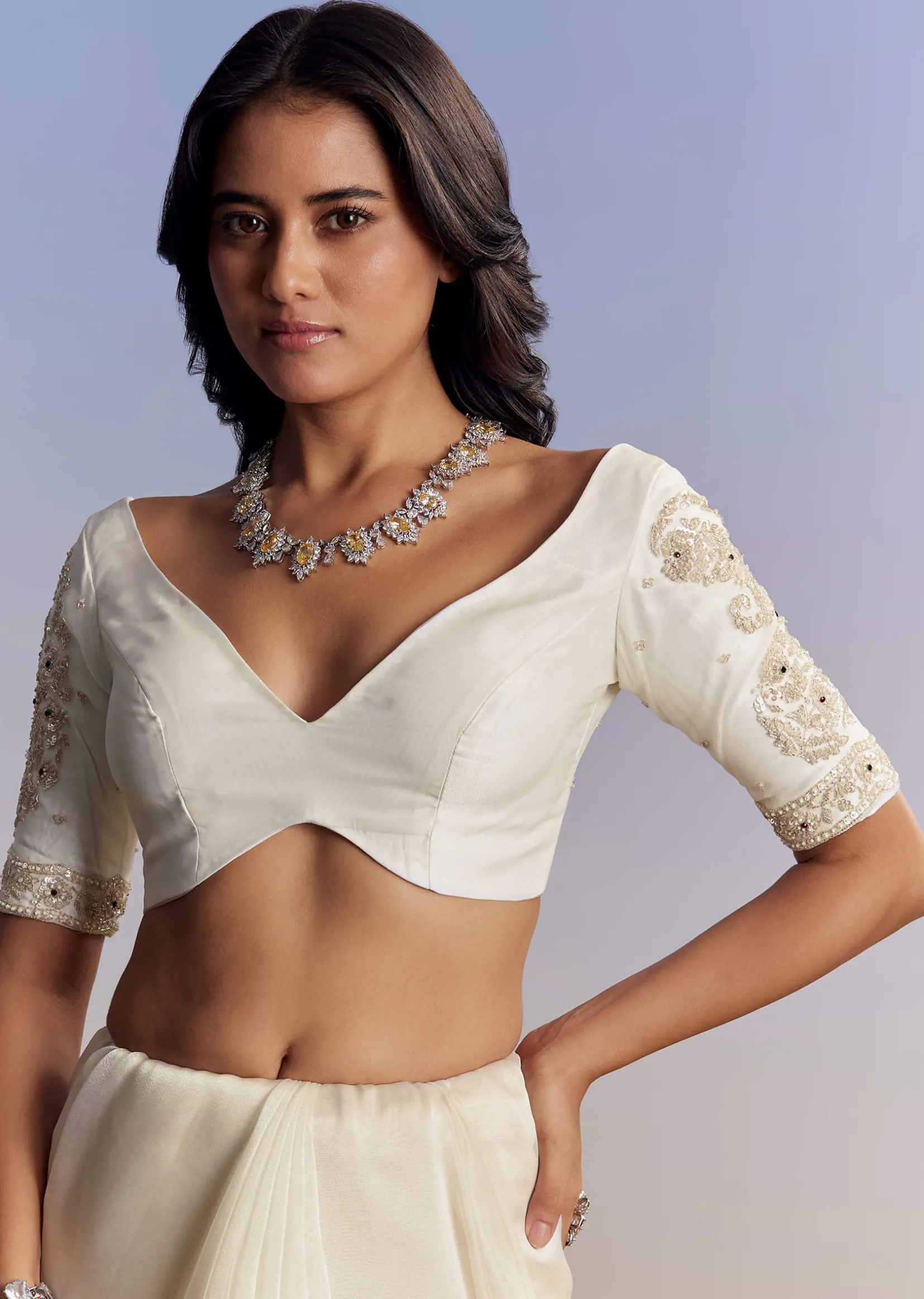 Cream Tissue Saree With Sequins Floral Embroidery