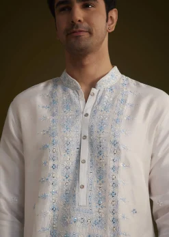 Cream To Blue Ombre Silk Kurta Set With Mirror Embroidery