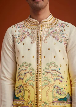 Cream To Yellow Ombre Silk Jacket Set With Thread And Mirror Work