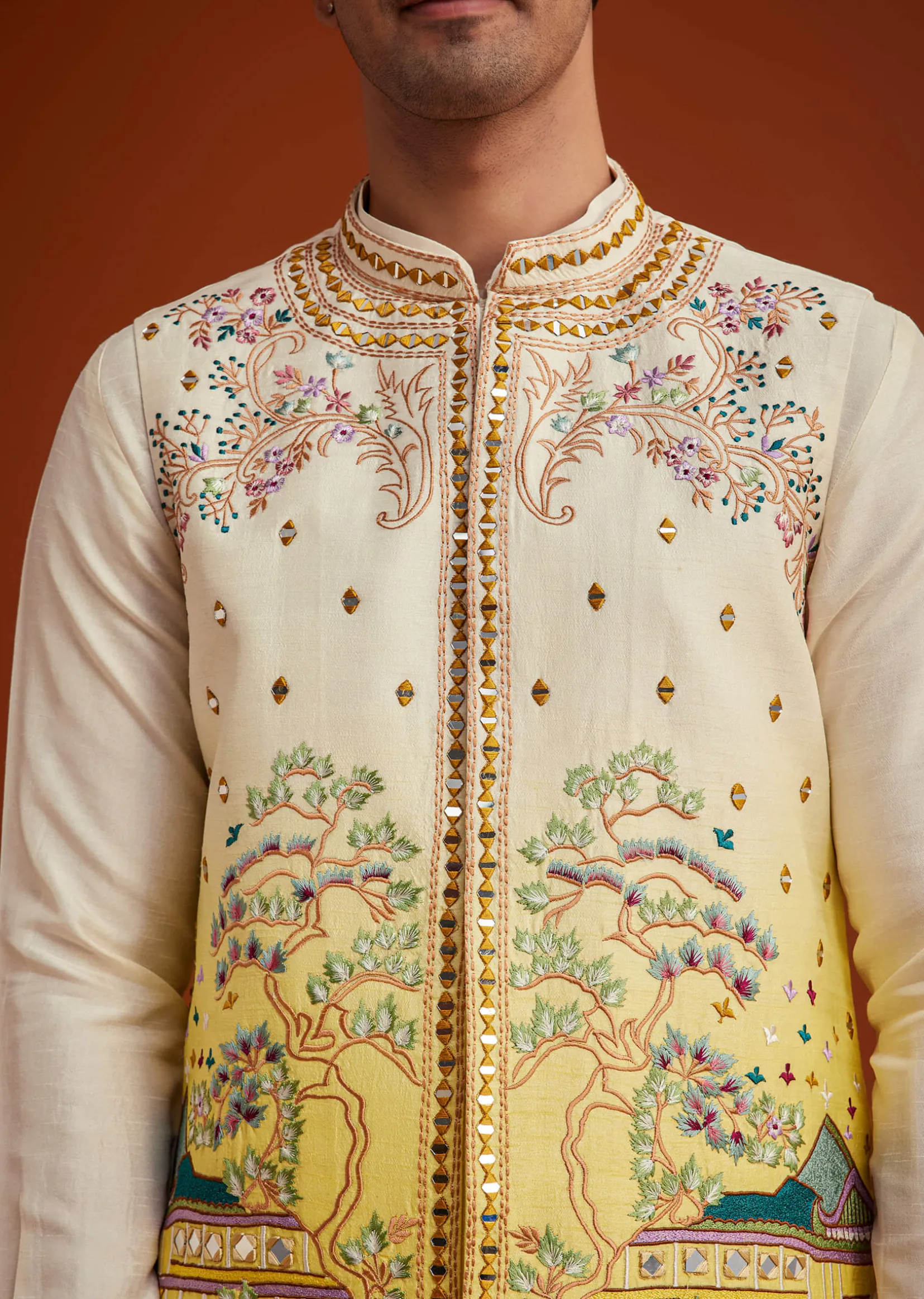 Cream To Yellow Ombre Silk Jacket Set With Thread And Mirror Work
