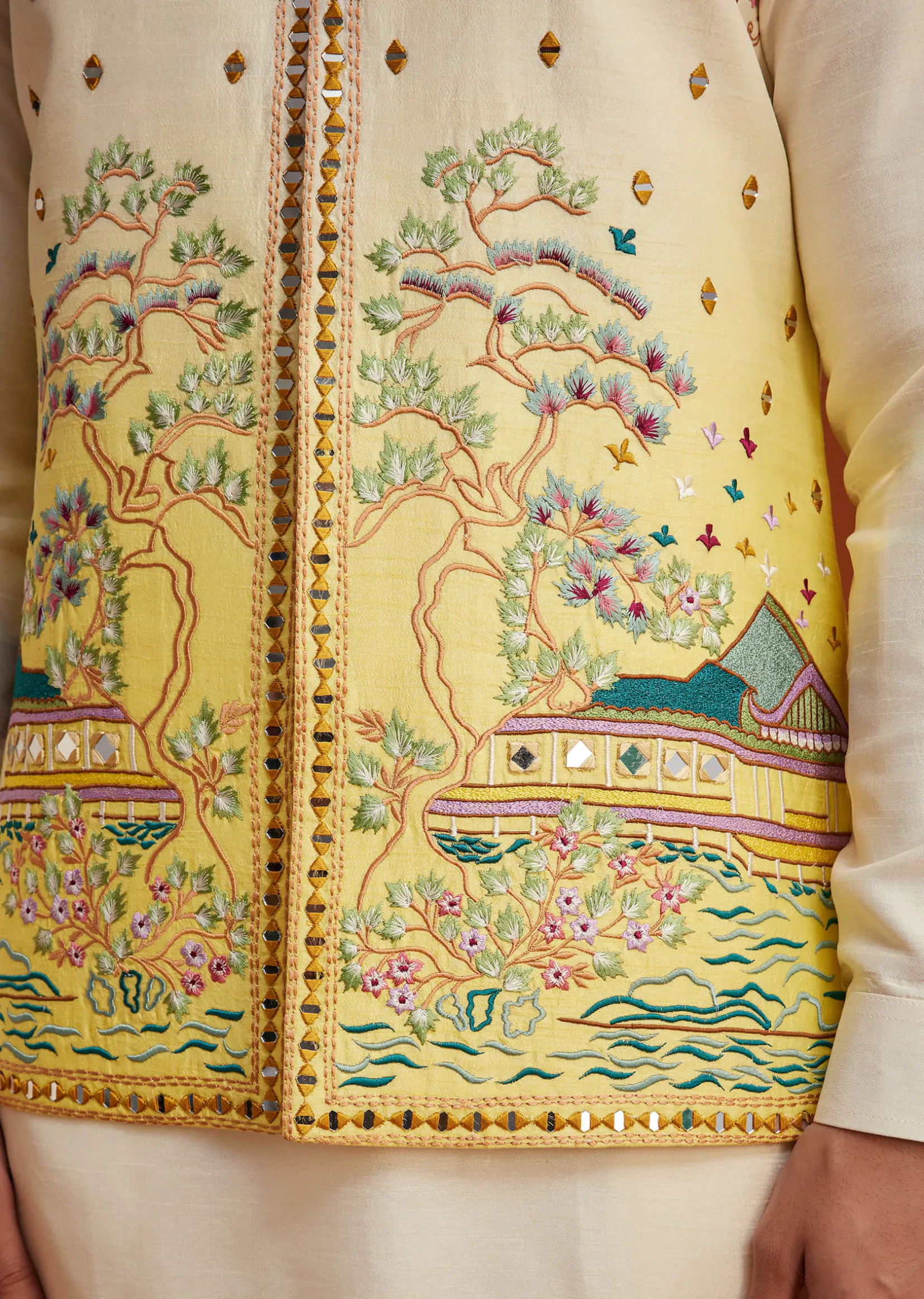 Cream To Yellow Ombre Silk Jacket Set With Thread And Mirror Work