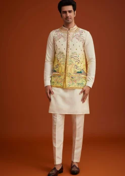 Cream To Yellow Ombre Silk Jacket Set With Thread And Mirror Work
