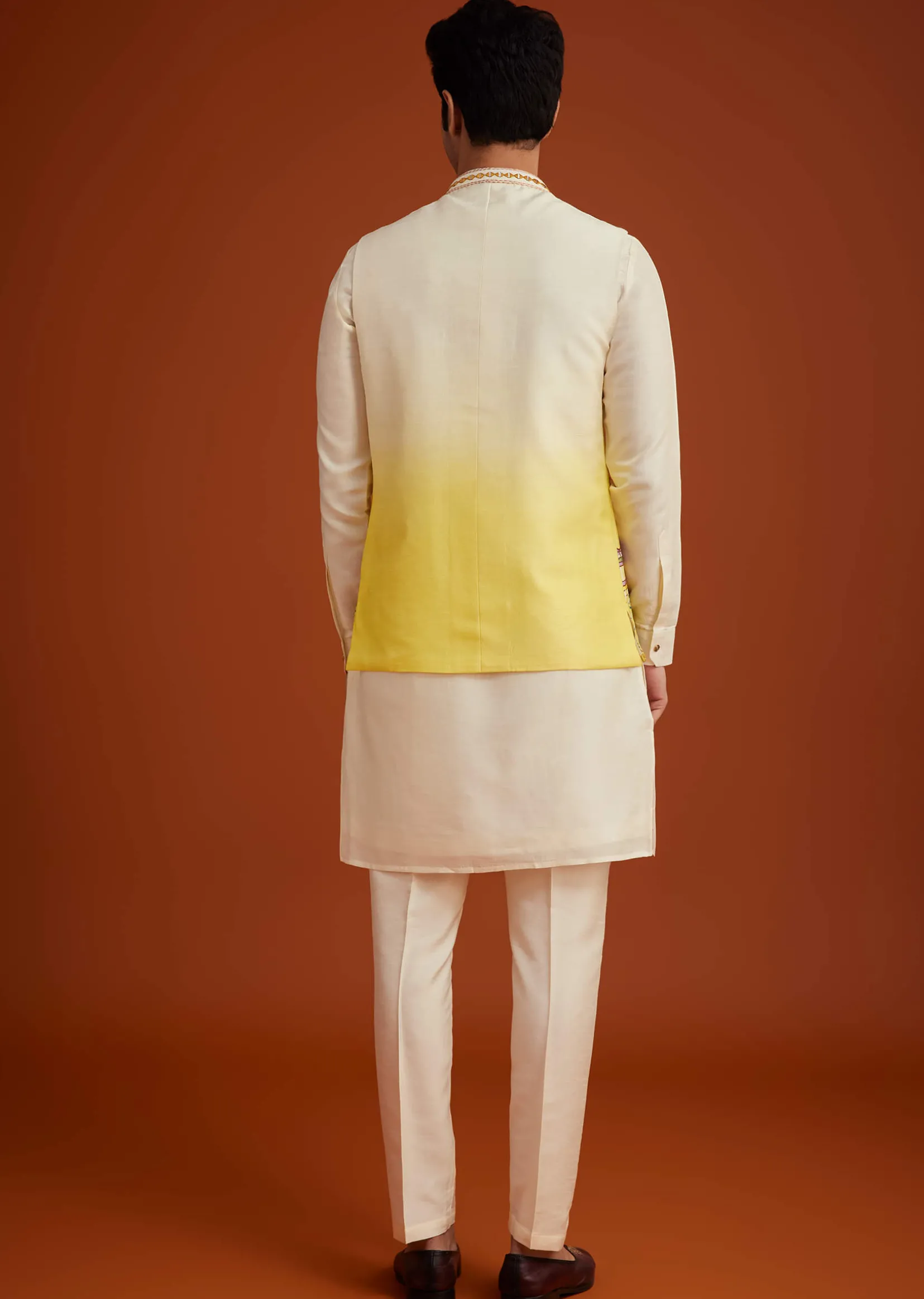 Cream To Yellow Ombre Silk Jacket Set With Thread And Mirror Work