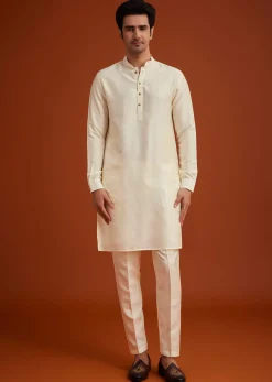 Cream To Yellow Ombre Silk Jacket Set With Thread And Mirror Work