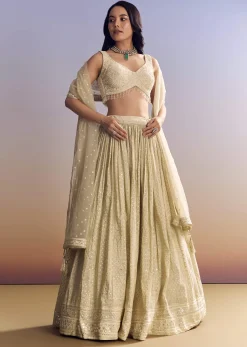 Cream White Banarasi Lehenga Set With Cut Dana Choli