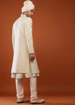 Cream White Embroidered Sherwani Set In Tussar Silk