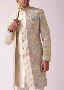 Cream White Printed Indowestern In Dupion Silk