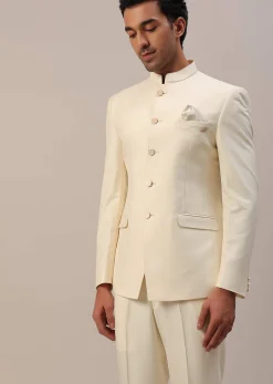 Cream White Terry Rayon Jodhpuri Suit