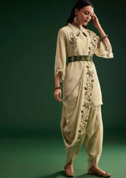 Cream White Tissue Kurta Dhoti With Dupatta And Belt