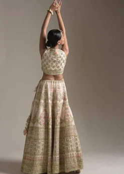 Creamy Pink Lehenga Choli In Raw Silk With Pink Resham And Zardosi Embroidered Floral Kalis Online - Kalki Fashion
