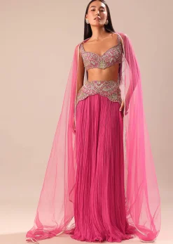 Crimson Pink Palazzo With Embroidered Blouse And Cape