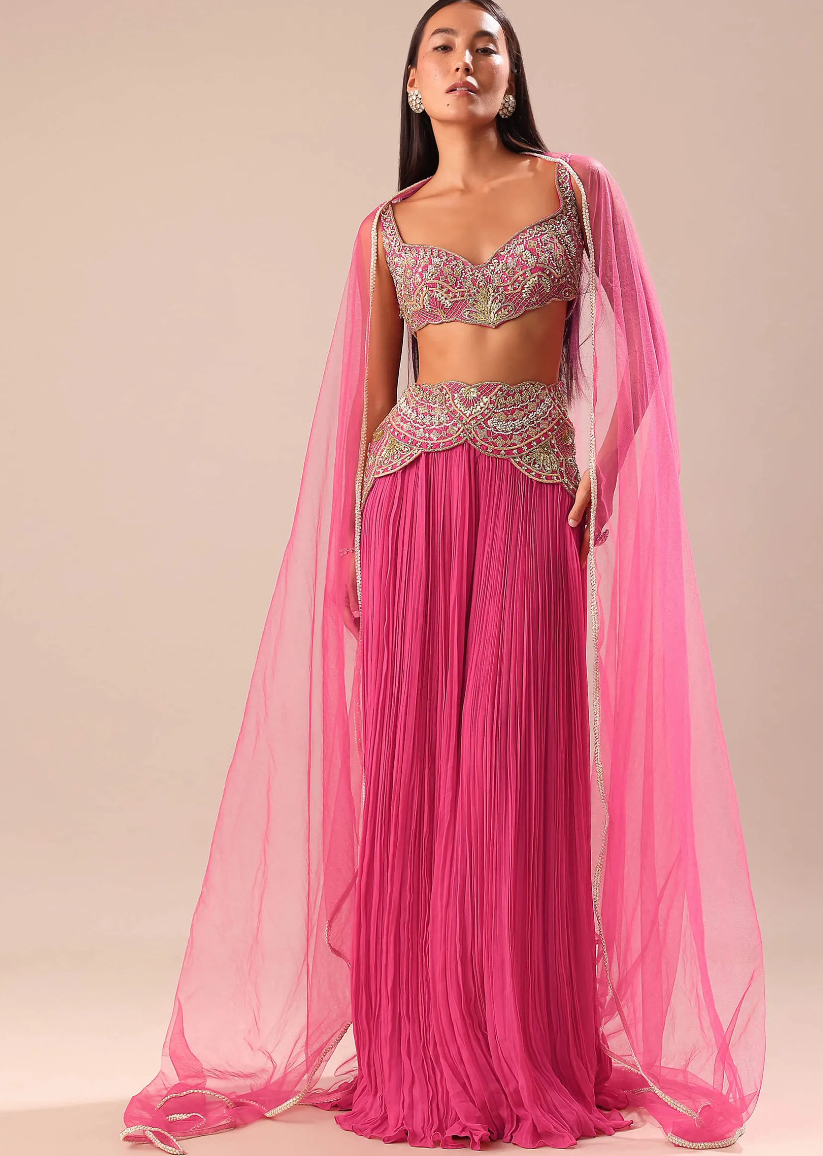 Crimson Pink Palazzo With Embroidered Blouse And Cape