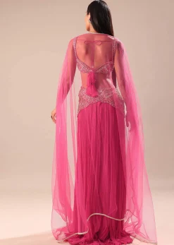 Crimson Pink Palazzo With Embroidered Blouse And Cape