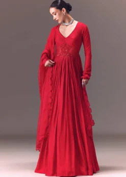 Crimson Red Ruched Embroidered Suit With Dupatta