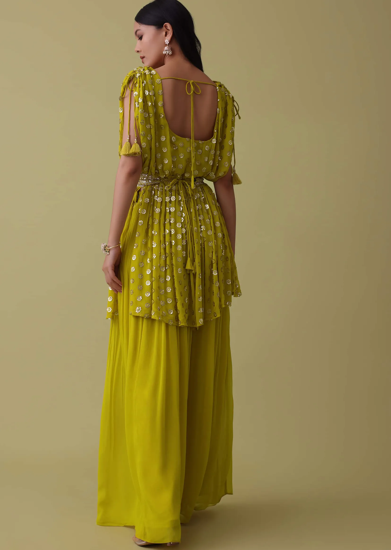 Cyber Yellow Palazzo Top Set In Georgette With Sequins Work